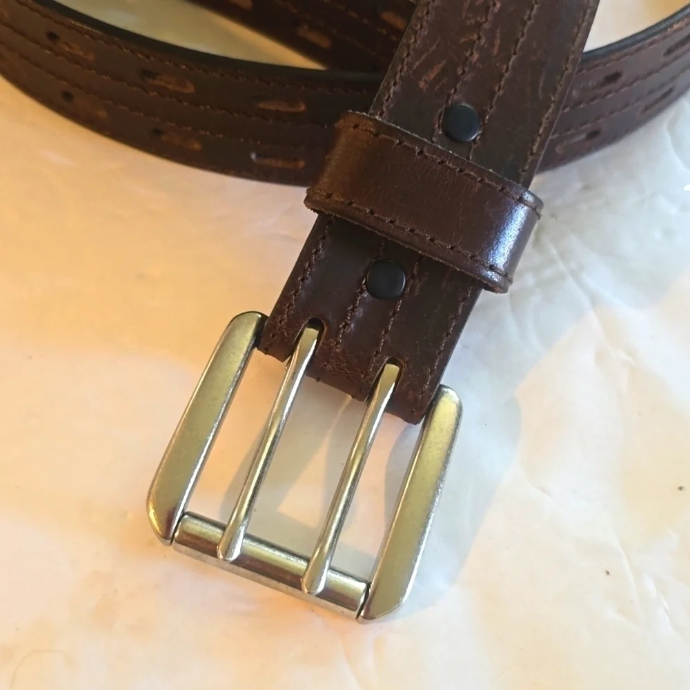 Vintage Brown Premium Leather Double Prong Silver Buckle Belt Sz.2X